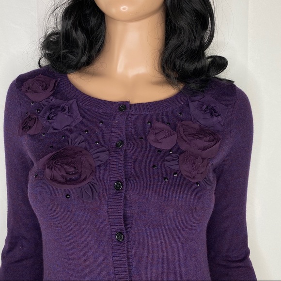 BANANA REPUBLIC Dark Purple Rosette Cardigan - Picture 2 of 6